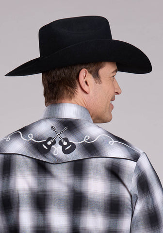 Roper Mens 2710 Plaid Black/White/Grey Cotton Blend Guitars L/S Shirt