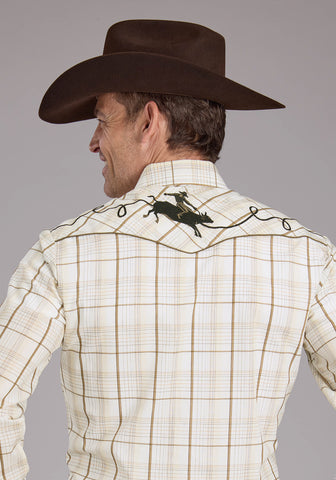 Roper Mens Tall Neutral Plaid Tan Cotton Blend Bronc Rider L/S Shirt