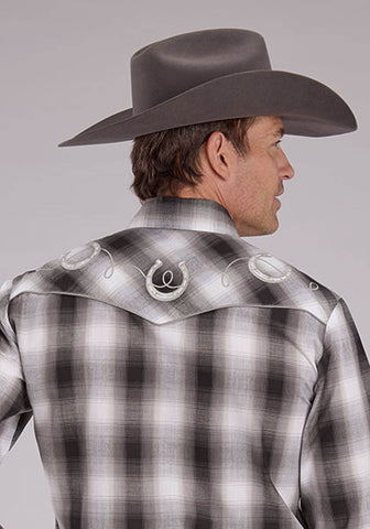 Roper Mens 2486 Yoked Horseshoe Grey/Black/White Cotton Blend L/S Shirt