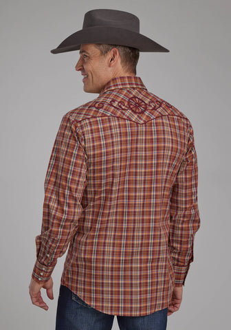 Roper Mens 2110 Plaid Wagon Wheel Wine/Rust Cotton Blend L/S Shirt