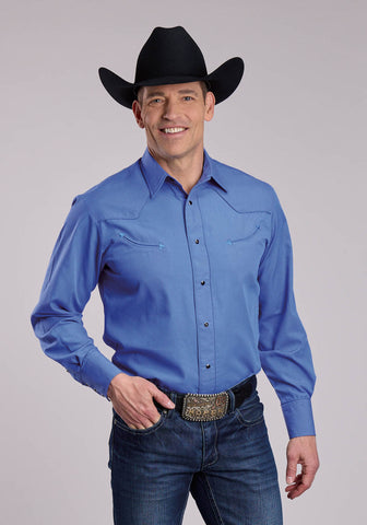 Roper Mens Solid Broadcloth Granada Sky Blue Cotton Blend L/S Shirt