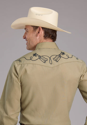 Roper Mens 2445 Solid Broadcloth Tan Cotton Blend L/S Shirt