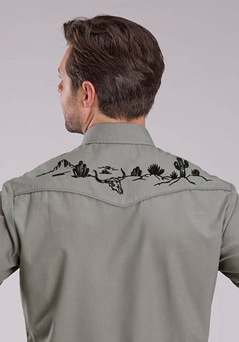 Roper Mens 2475 Longhorn Skull Scene Light Smokey Grey Cotton Blend L/S Shirt