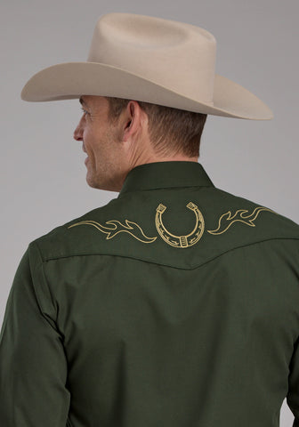 Roper Mens 2132 Horseshoes Dark Olive Cotton Blend L/S Shirt