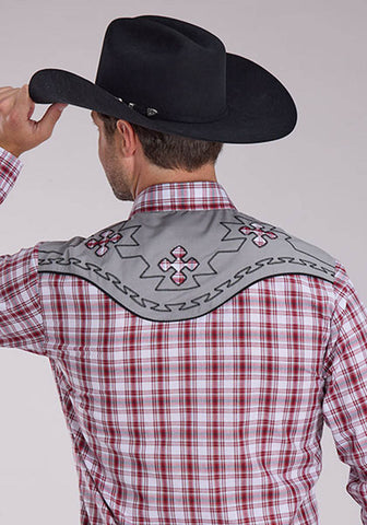 Roper Mens 2485 Southwestern Cross Red/Grey Cotton Blend L/S Shirt