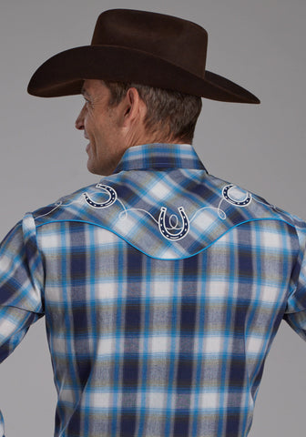 Roper Mens 2102 Plaid Horseshoes Blue/White Cotton Blend L/S Shirt