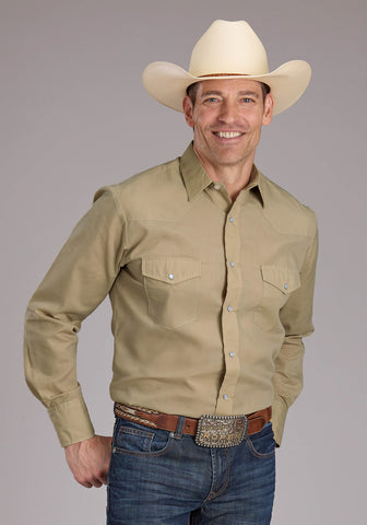 Roper Mens 2445 Broadcloth Tan Cotton Blend L/S Shirt