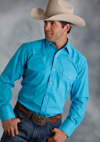 Roper Mens 9839 Broadcloth Turquoise Cotton Blend L/S Shirt
