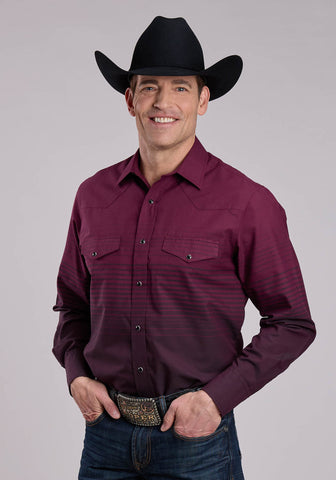 Roper Mens Border Stripe Wine Cotton Blend L/S Shirt