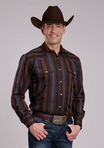 Roper Mens Wide Stripes Brown/Blue Cotton Blend L/S Shirt