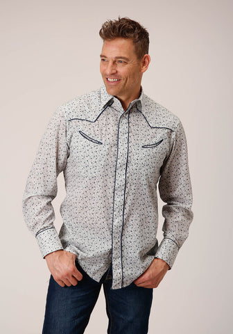 Roper Mens 1626 Retro Mini Floral Blue Cotton Blend L/S Shirt