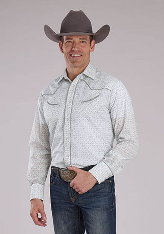 Roper Mens 2481 Retro Floral Grey/White Cotton Blend L/S Shirt