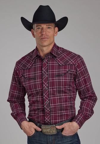 Roper Mens 2104 Plaid Wine/Black Cotton Blend L/S Shirt
