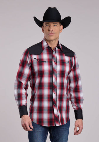 Roper Mens Retro Contrast Fancy Yoke Black/Red Cotton Blend L/S Shirt