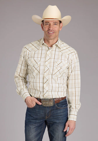 Roper Mens 2406 Neutral Plaid Tan Cotton Blend L/S Shirt