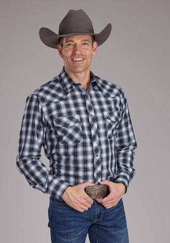 Roper Mens 2407 Plaid Black/White Cotton Blend L/S Shirt