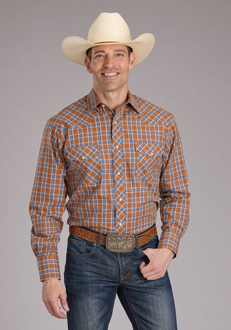 Roper Mens 2411 Plaid Rust Cotton Blend L/S Shirt
