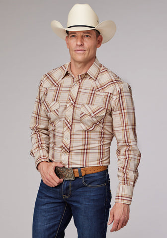 Roper Mens 2063 Plaid Tan/Wine Cotton Blend L/S Shirt