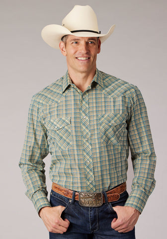Roper Mens 2075 Plaid Cream/Teal Cotton Blend L/S Shirt