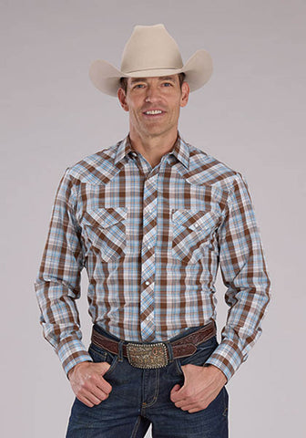 Roper Mens 2483 Western Plaid Cocoa/Sky Blue Cotton Blend L/S Shirt
