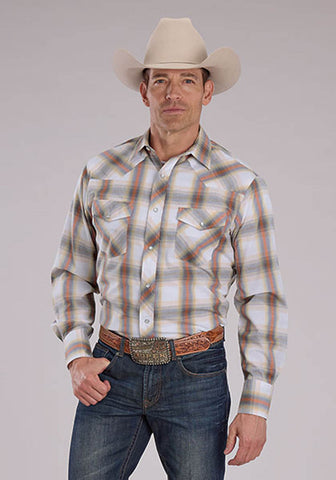 Roper Mens 2488 Western Plaid Cream/Tangerine Cotton Blend L/S Shirt