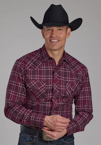 Roper Mens 2104 Plaid Wine/White Cotton Blend L/S Shirt