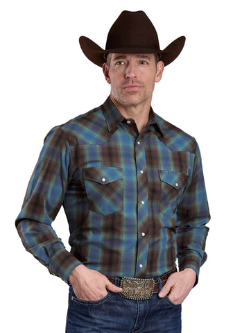Roper Mens 2657 Plaid Turquoise/Cobalt Cotton Blend L/S Shirt