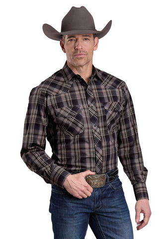 Roper Mens 2658 Plaid Black/Grey/Brown Cotton Blend L/S Shirt