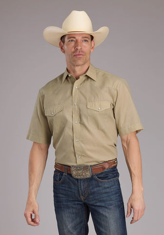 Roper Mens 2445 Broadcloth Tan Cotton Blend S/S Shirt