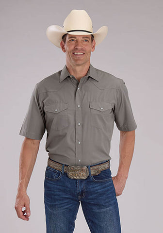 Roper Mens 2475 Solid Broadcloth Light Smokey Grey Cotton Blend S/S Shirt