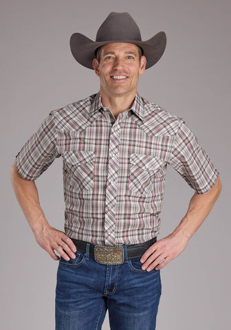 Roper Mens 2409 Plaid White/Grey Cotton Blend S/S Shirt