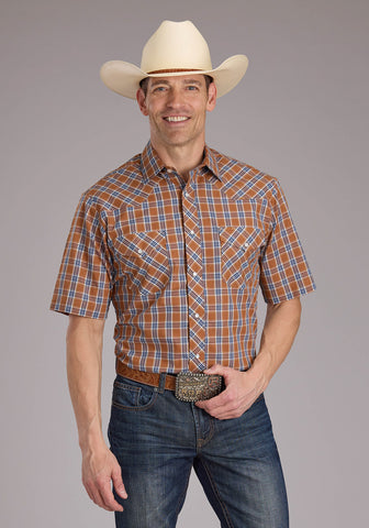 Roper Mens 2411 Plaid Rust Cotton Blend S/S Shirt