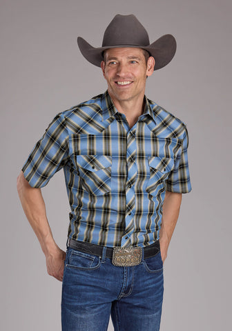 Roper Mens 2412 Plaid Blue/Brown Cotton Blend S/S Shirt