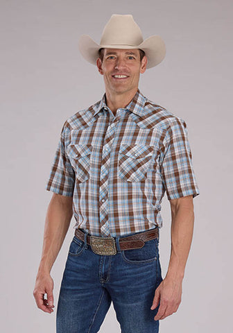 Roper Mens 2483 Western Plaid Cocoa/Sky Blue Cotton Blend S/S Shirt