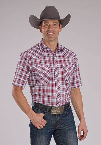 Roper Mens 2485 Western Plaid Red/White Cotton Blend S/S Shirt