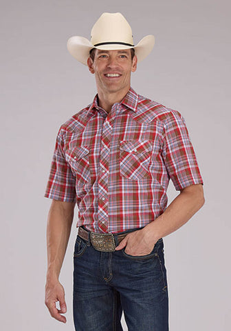 Roper Mens 2487 Western Plaid Brown/Red Cotton Blend S/S Shirt