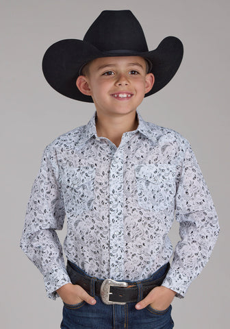 Roper Kids Boys 2428 Paisley White/Black Cotton Blend L/S Shirt