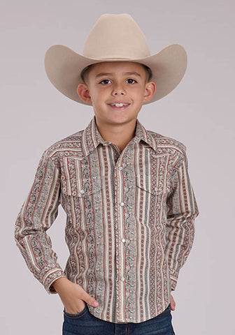 Roper Kids Boys 2479 Wallpaper Print Cream Cotton Blend L/S Shirt