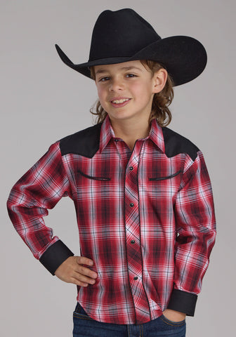 Roper Kids Boys 2131 Plaid Fancy Red/White Cotton Blend L/S Shirt