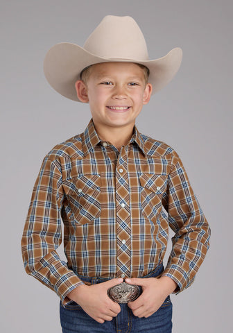 Roper Youth Boys 2411 Plaid Rust/Blue Cotton Blend L/S Shirt
