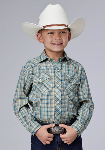 Roper Kids Boys 2075 Plaid Cream/Teal Cotton Blend L/S Shirt
