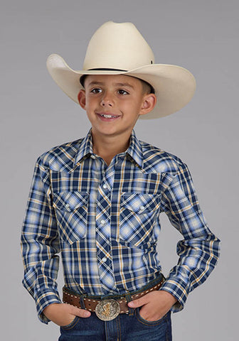 Roper Kids Boys 2484 Western Plaid Navy/Light Blue Cotton Blend L/S Shirt