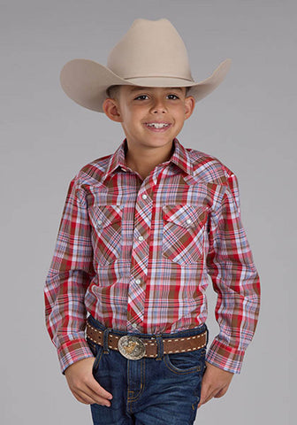 Roper Kids Boys 2487 Western Plaid Brown/Red Cotton Blend L/S Shirt