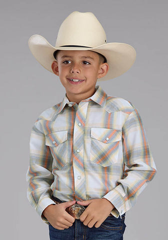 Roper Kids Boys 2488 Western Plaid Cream/Tangerine Cotton Blend L/S Shirt