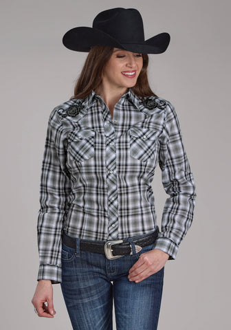 Roper Womens 2126 Plaid Grey/White Cotton Blend L/S Shirt