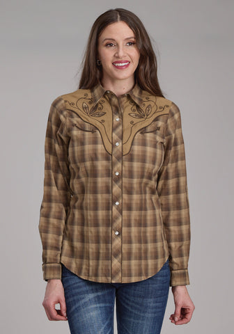 Roper Womens 2129 Ombre Plaid Brown/Tan Cotton Blend L/S Shirt