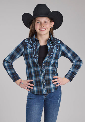 Roper Kids Girls 2128 Windowpane Plaid Multi Blue Cotton Blend L/S Shirt