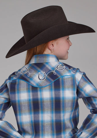 Roper Youth Girls 2102 Horseshoe Plaid Blue/White Cotton Blend L/S Shirt