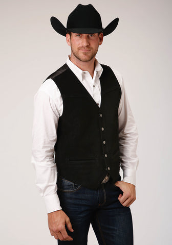 Roper Mens Buckle Tie Brass Snaps Black Suede Leather Vest