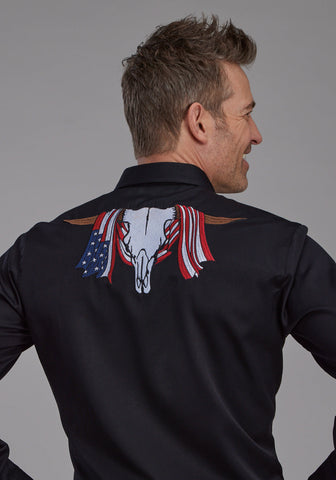 Roper Mens Flag Longhorn Skull Black Poly/Rayon L/S Shirt